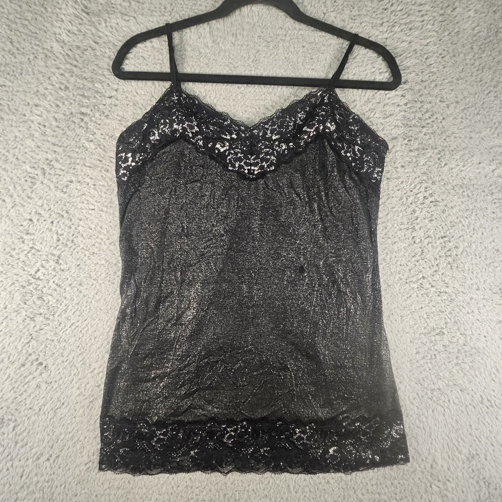 Vtg Vanity Cami Top Junior L Black Metallic Lace Trim Crinkle Y2K Whimsigoth 90s - Picture 1 of 10